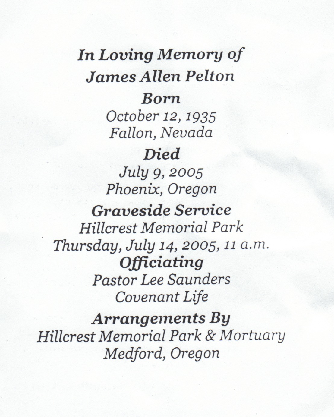 Jim Pelton's Memorial folder